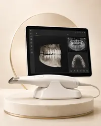 Digital dental scanner beside a 3D scan of a jaw on screen